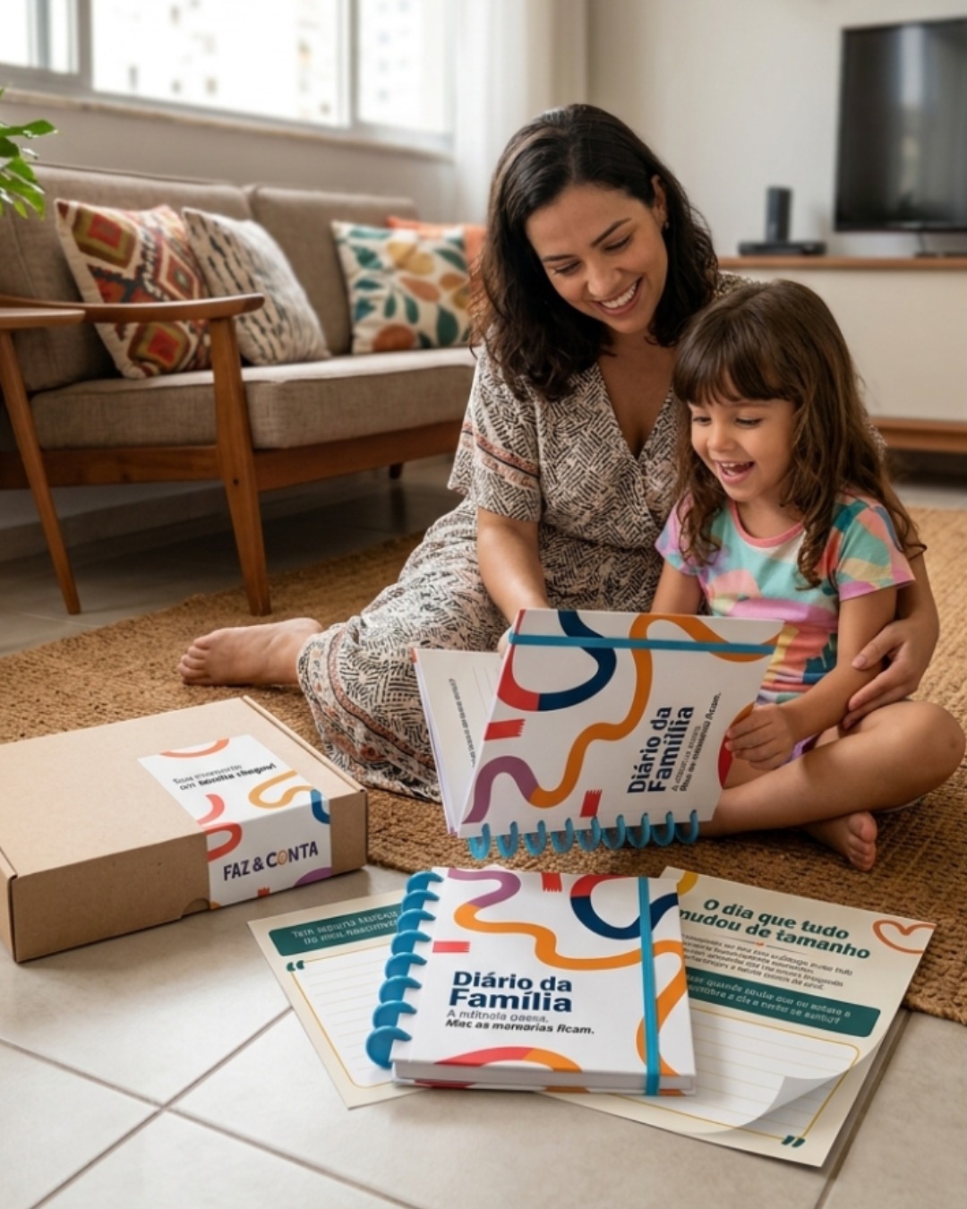 Mãe e filhos felizes com a caixa Faz & Conta